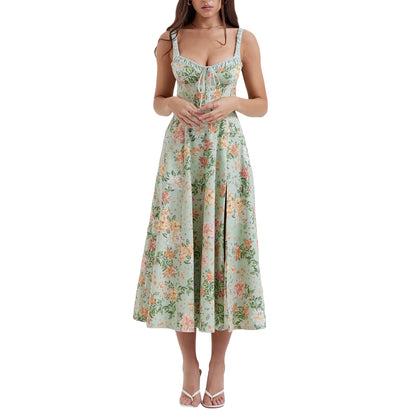 Floral Print Low-Cut Sleeveless Sling Sweet Dress