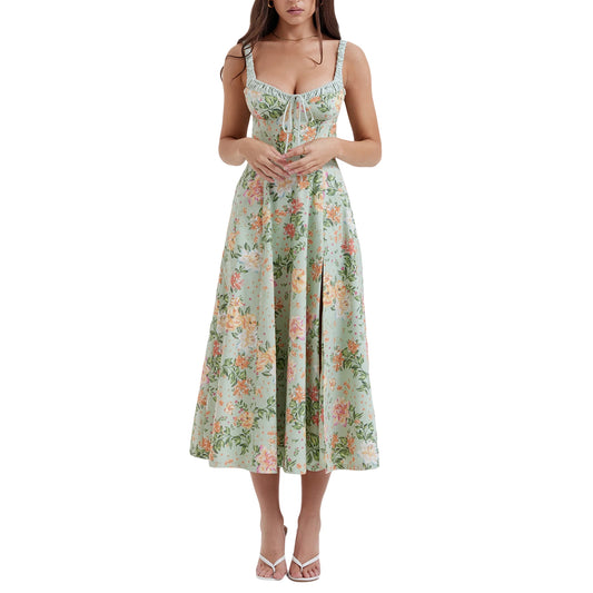 Floral Print Low-Cut Sleeveless Sling Sweet Dress