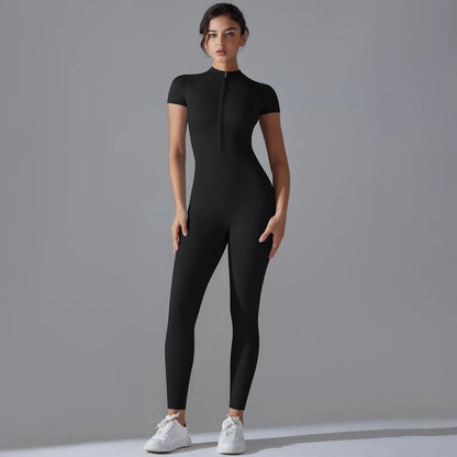 Yoga Set  Jumpsuits One-Piece Suit Zipper Short Sleeve