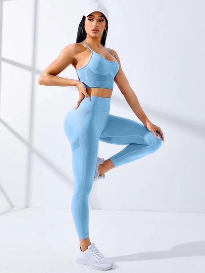 2/Pcs Seamless Workout Outfits Leggings And Thin Shoulder Strap Stretch Sports Bra