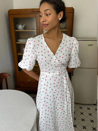 Casual Floral Printed Cotton Dress V-neck Short Sleeve Tunics Lace-up
