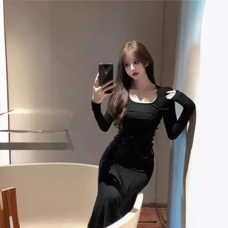 Elegant Black Dress  Slim Fit Fishtail  Long Sleeve Dresses