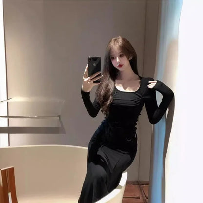 Elegant Black Dress  Slim Fit Fishtail  Long Sleeve Dresses