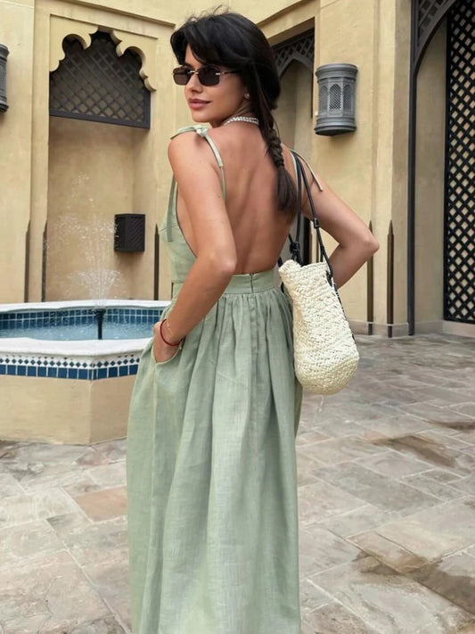 Casual Solid Color Long Dresses Sexy  Backless Party Pleated Dress
