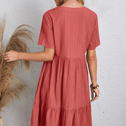 Loose V-neck Short Sleeved Pleated Women Dress
