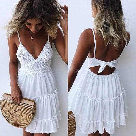 Sexy Lace Strap Elegant Dresses Splicing Women's Seaside Vocation Wear