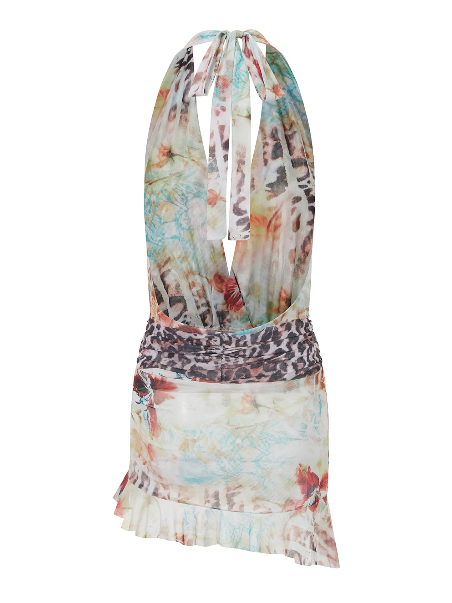 V-Neck Sleeveless Bodycon Dress with Floral Print and Belted Waist Women s  Fit Halter Mini Dress with Open Back