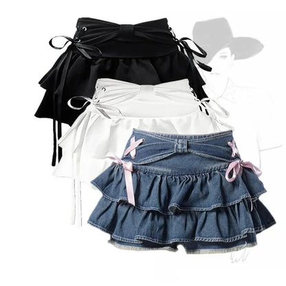 t Kawaii Bow Vintage A-line Gothic Mini Denim Skirts