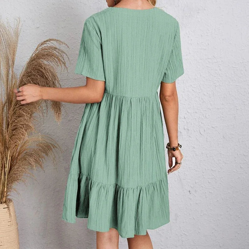 Loose V-neck Short Sleeved Pleated Women Dress