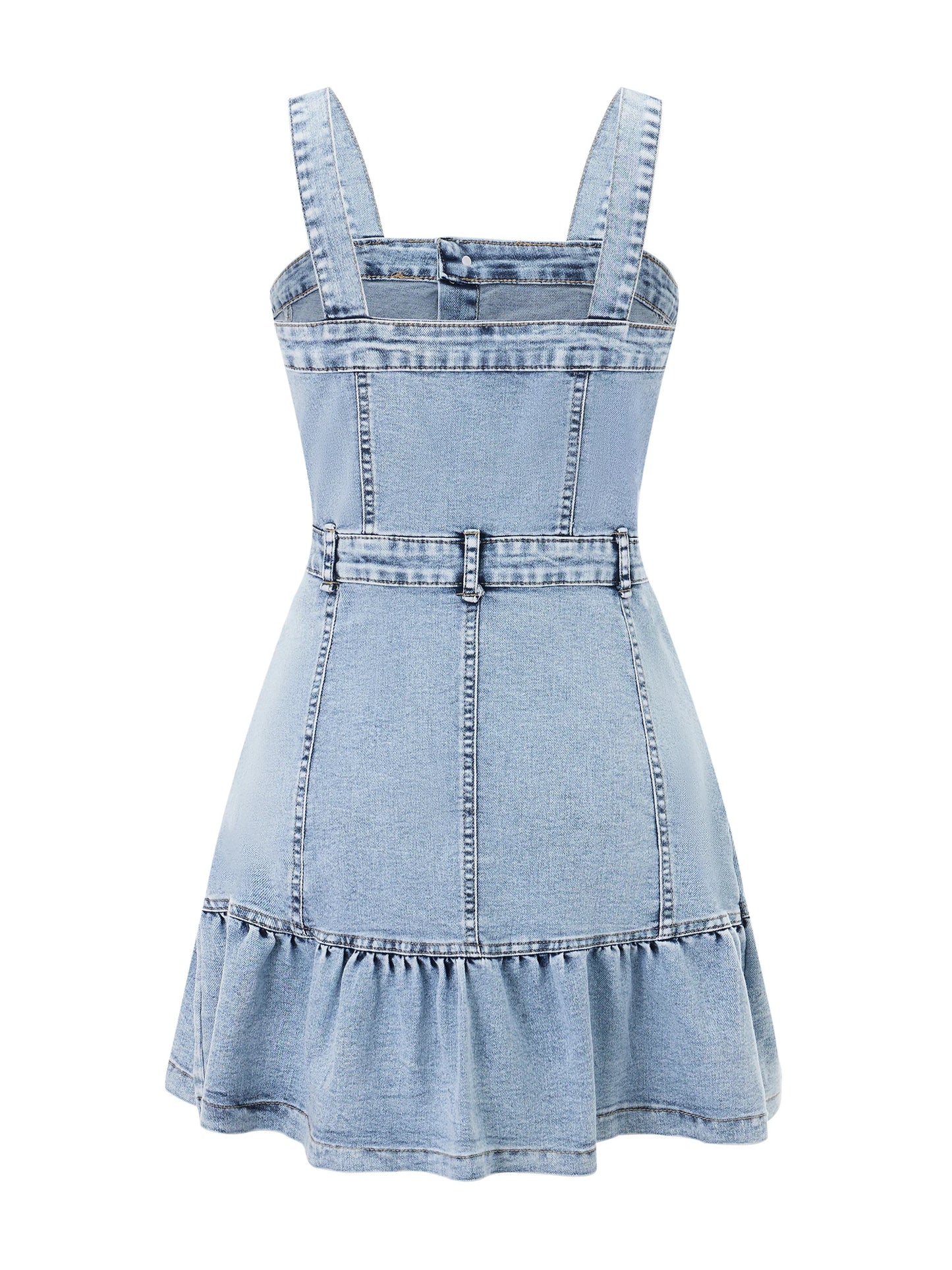 Sleeveless Denim Jumpsuit with Button Up Front and Square Neckline  Mini Dress