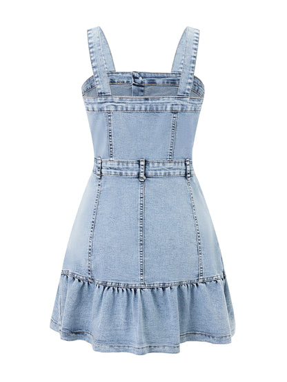Sleeveless Denim Jumpsuit with Button Up Front and Square Neckline  Mini Dress