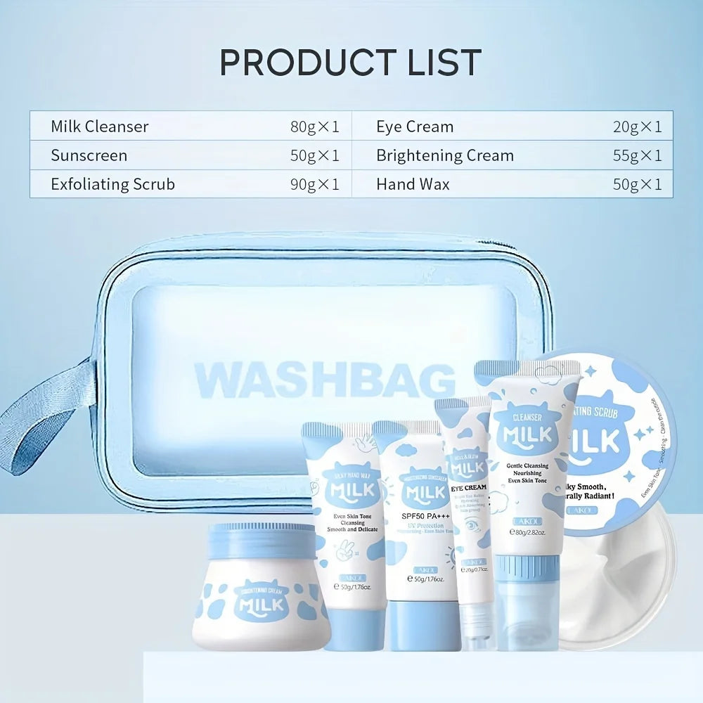 Skin Care Set  Facial Cleanser & Body Scrub & Hand Wax & Eye Cream & Sunscreen & Storage Bag