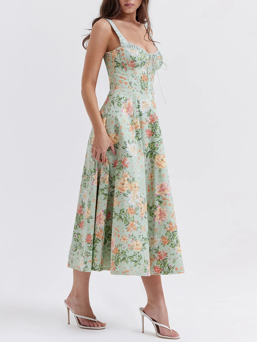 Floral Print Low-Cut Sleeveless Sling Sweet Dress