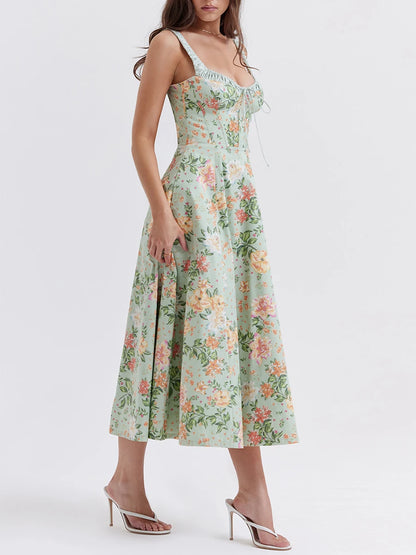 Floral Print Low-Cut Sleeveless Sling Sweet Dress