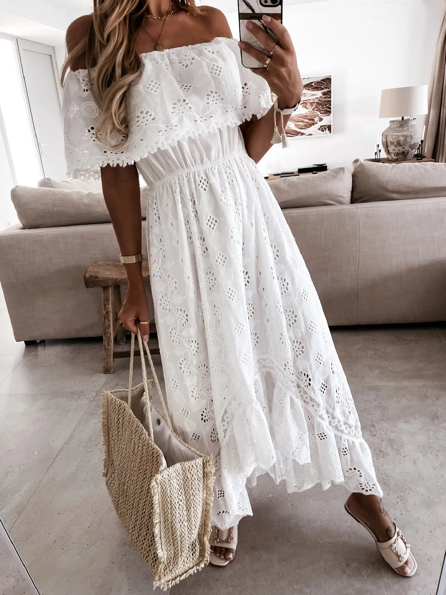 Long Dress Sexy Strapless Off The Shoulder Lace Tassel High Waist Big Hem Hollow Out