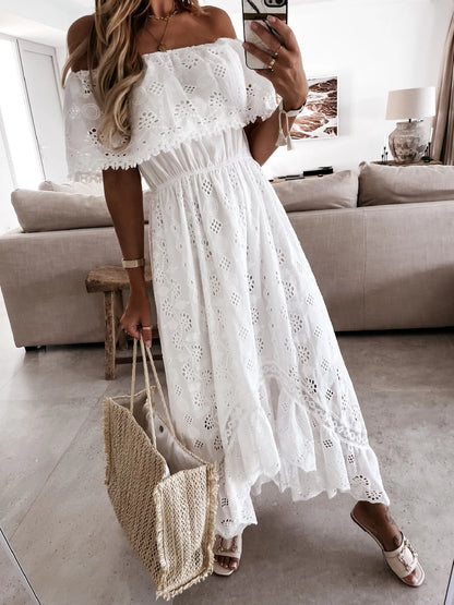 Long Dress Sexy Strapless Off The Shoulder Lace Tassel High Waist Big Hem Hollow Out