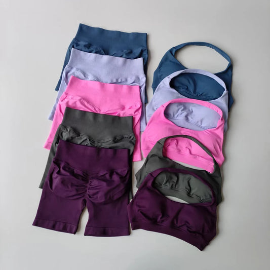2 Pieces Yoga Suit Halter Sports Bra Matching Impact Shorts