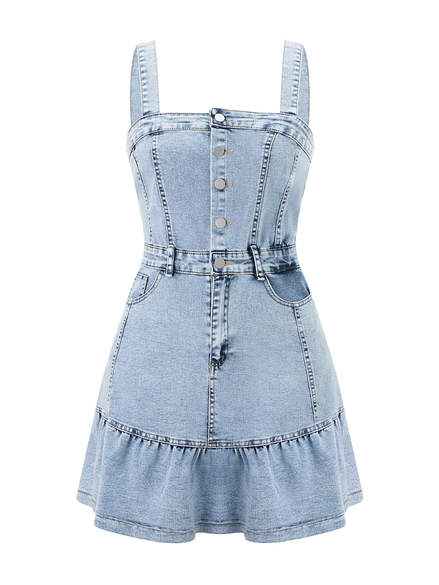 Sleeveless Denim Jumpsuit with Button Up Front and Square Neckline  Mini Dress
