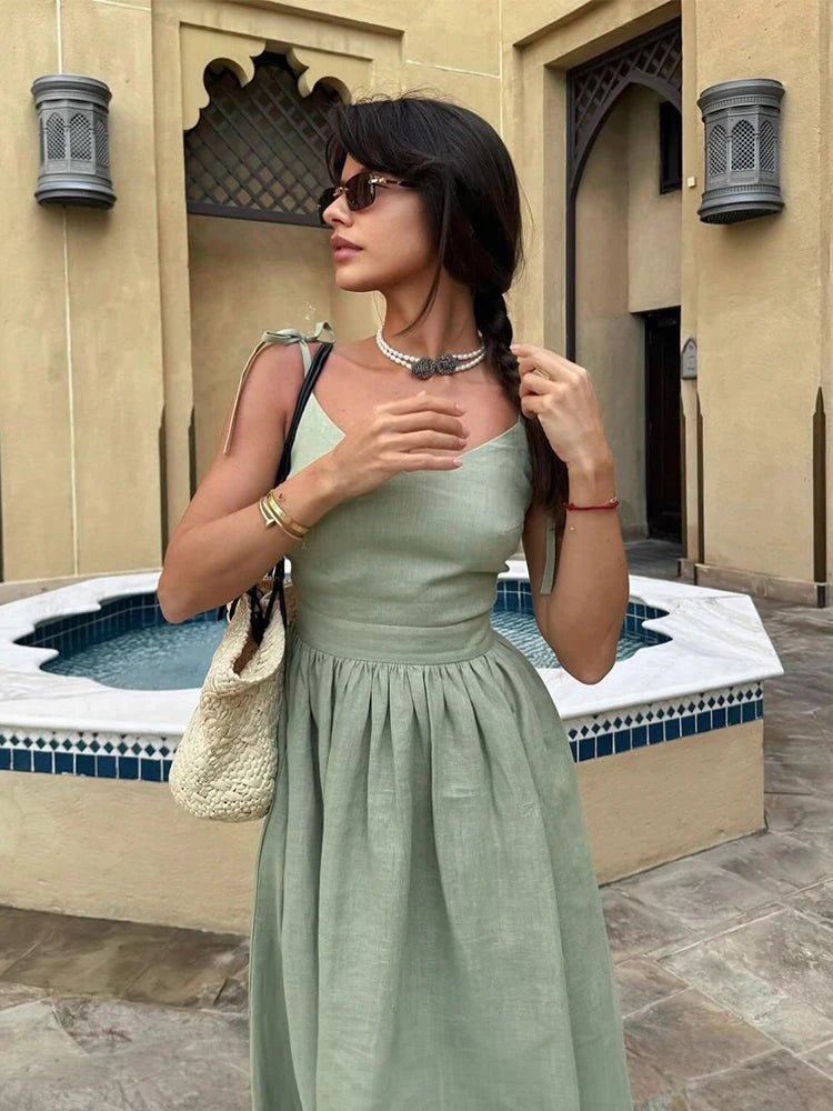 Casual Solid Color Long Dresses Sexy  Backless Party Pleated Dress