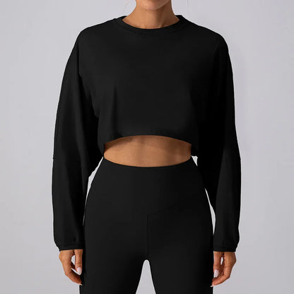 Women Sports Crop Top Long Sleeve T-Shirts Yoga Loose Tops