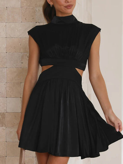 Summer Casual Dress Stand Collar  Cutout Pleated