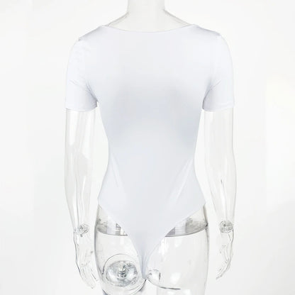 Short Sleeve Bodysuits  Square-Cut Collar Solid Bodycon