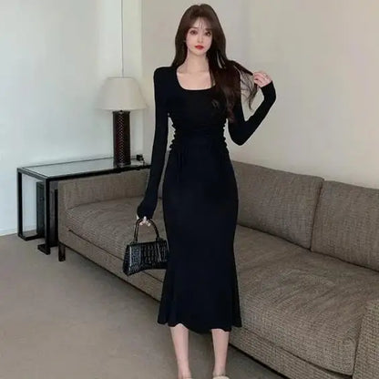 Elegant Black Dress  Slim Fit Fishtail  Long Sleeve Dresses