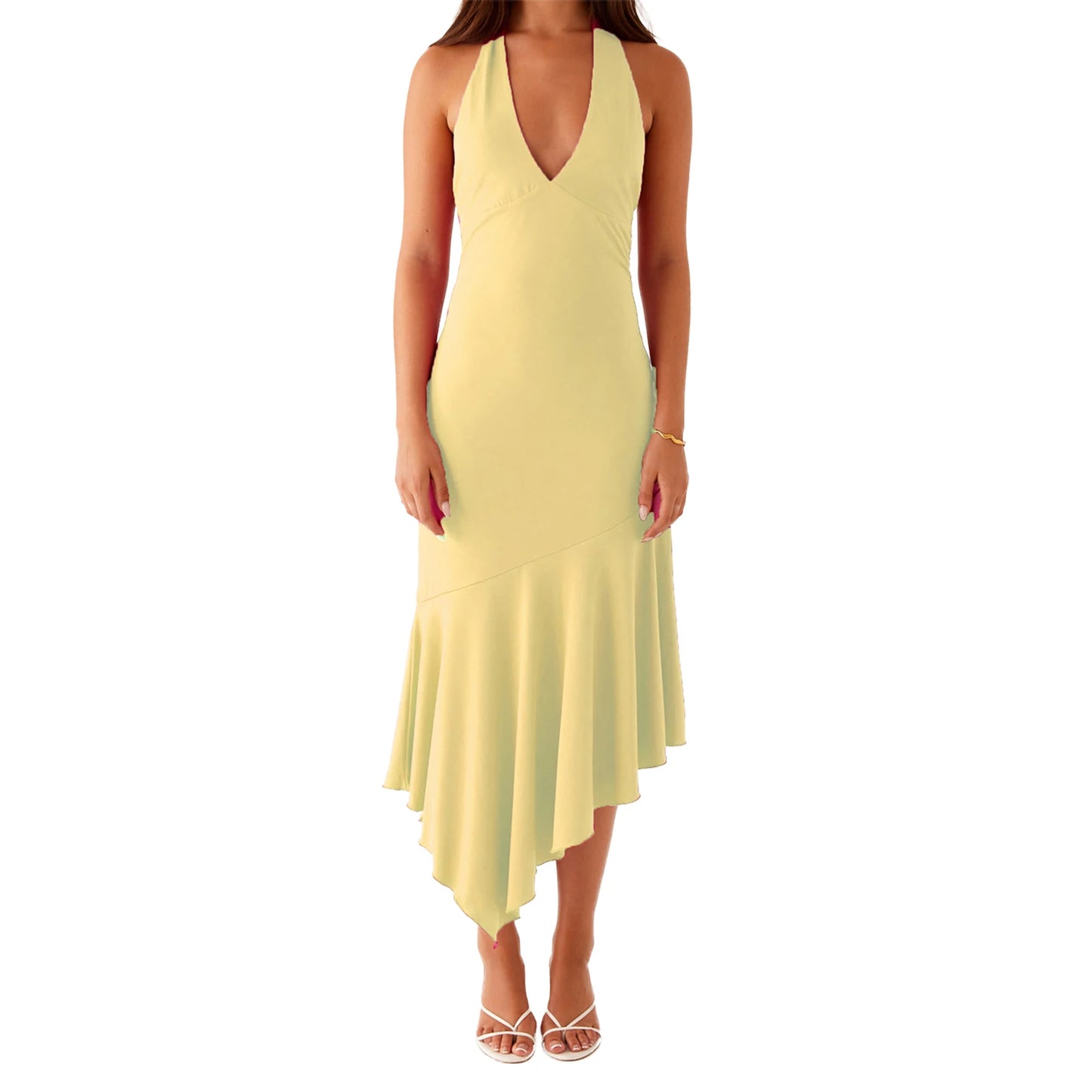 Elegant Sleeveless Halter Neck Dress with Open Back and Pleated Hem