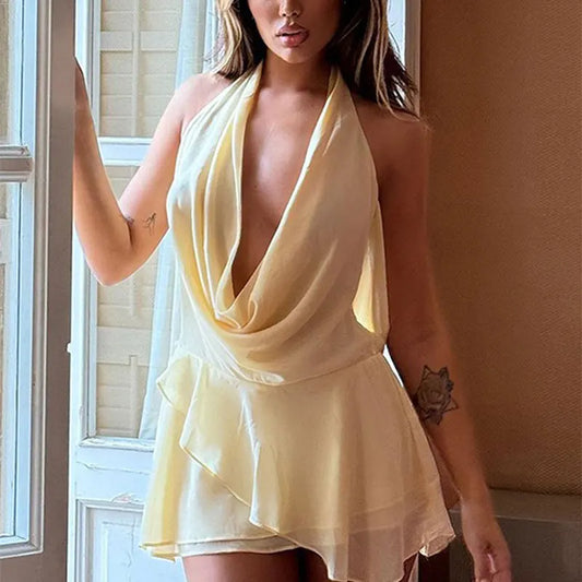 New Halter Summer Dress Sleeveless Sexy V-Neck Low Chest Mini