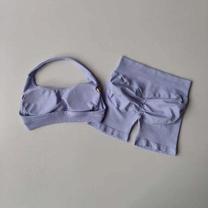2 Pieces Yoga Suit Halter Sports Bra Matching Impact Shorts