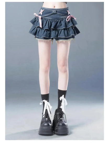 t Kawaii Bow Vintage A-line Gothic Mini Denim Skirts