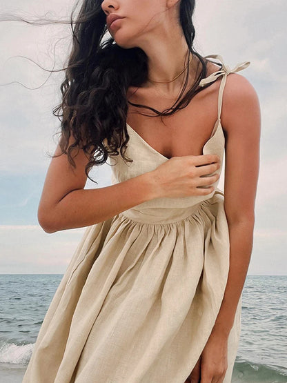 Casual Solid Color Long Dresses Sexy  Backless Party Pleated Dress