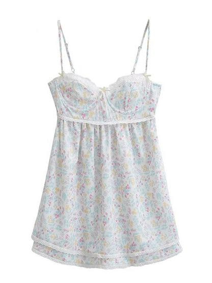 Mini Dress Floral Print Lace Sleeveless Backless Sling Dress