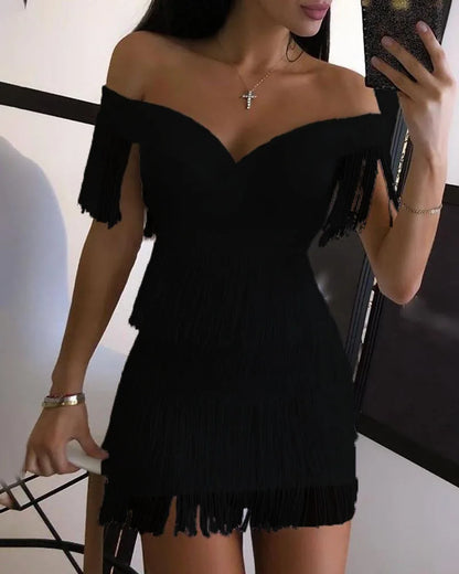 Evening Dresses Sexy Big V Neck One-shoulder Fringed Skirt