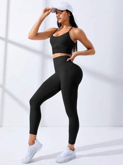 2/Pcs Seamless Workout Outfits Leggings And Thin Shoulder Strap Stretch Sports Bra