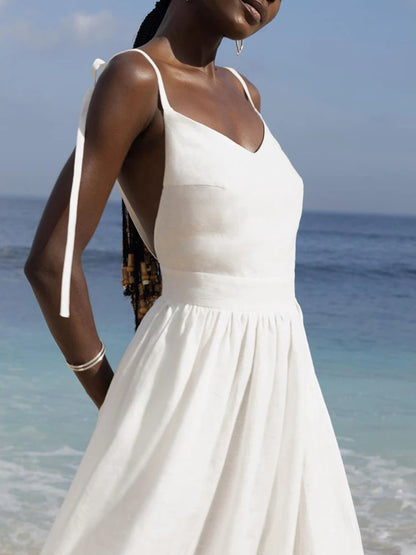 Casual Solid Color Long Dresses Sexy  Backless Party Pleated Dress