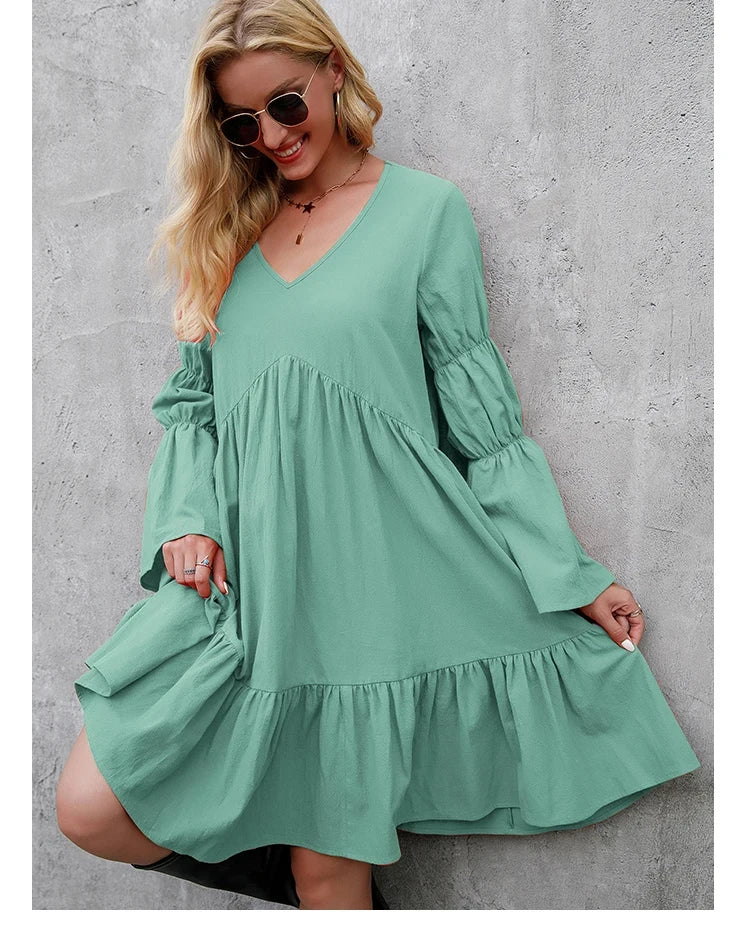Casual Long Sleeve Dresses V Neck Loose Flowing Dress