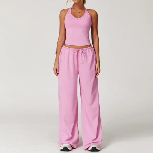 Yoga Clothes Set 2 Piece Gym Set Straight Draw String Pants Padded Sports Tank Top