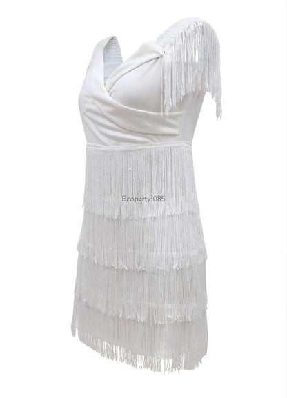 Evening Dresses Sexy Big V Neck One-shoulder Fringed Skirt