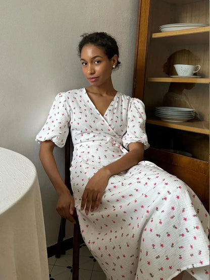 Casual Floral Printed Cotton Dress V-neck Short Sleeve Tunics Lace-up