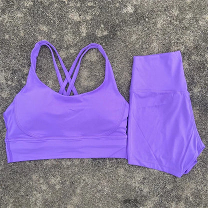 Yoga Set 2 Piece Cross Back Bra Top High Waist Shorts
