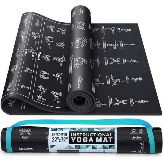 Instructional Yoga Mat with Poses Printed On It & Carrying Strap - 75 Illustrated Poses & 75 Stretches