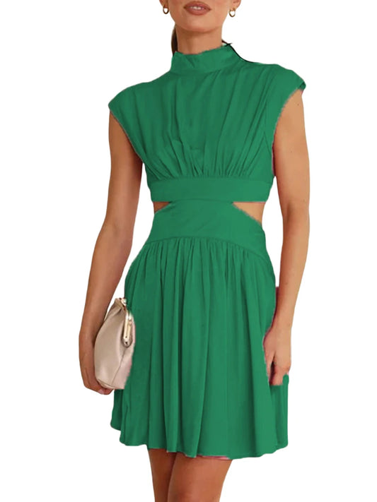 Summer Casual Dress Stand Collar  Cutout Pleated