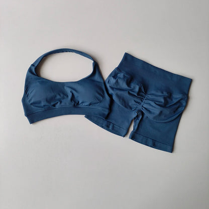 2 Pieces Yoga Suit Halter Sports Bra Matching Impact Shorts