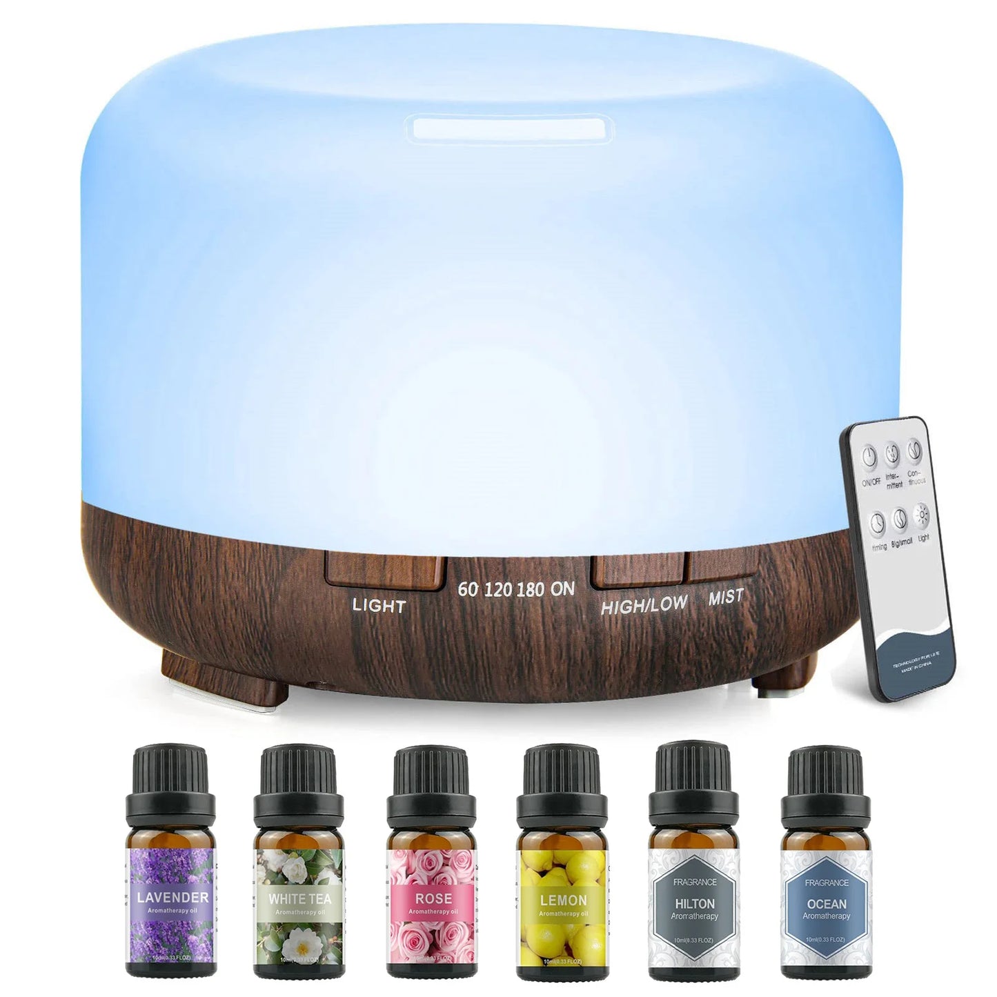 500ML Aromatherapy Oil Diffuser, with 6 Bottle 10ML Essential Oil Set (Lavender/Rose/Jasmine/Lemon/Hilton/Ocean)