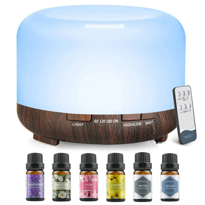 500ML Aromatherapy Oil Diffuser, with 6 Bottle 10ML Essential Oil Set (Lavender/Rose/Jasmine/Lemon/Hilton/Ocean)