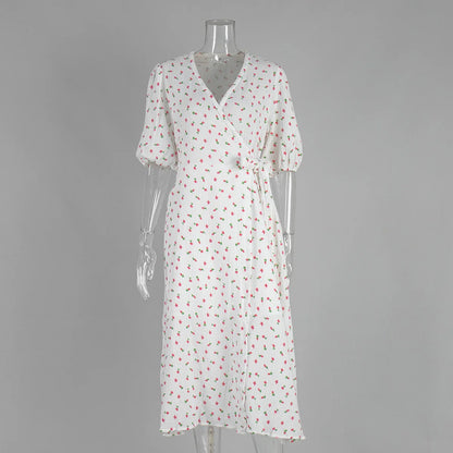 Casual Floral Printed Cotton Dress V-neck Short Sleeve Tunics Lace-up