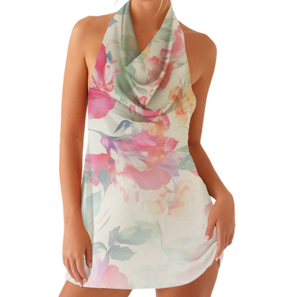Elegant Floral Print Sleeveless Halter Neck Mini Dress