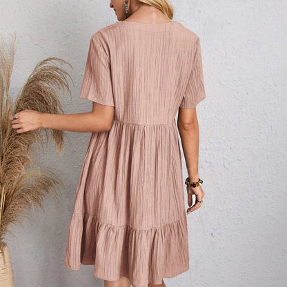 Loose V-neck Short Sleeved Pleated Women Dress