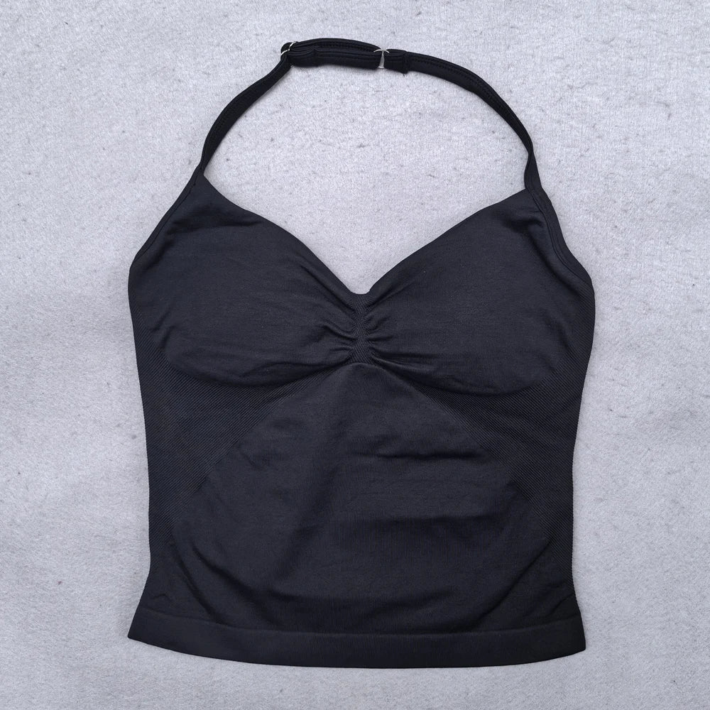Adjustable Strappy Gym Top Backless Scrunch Bra Removable Cups